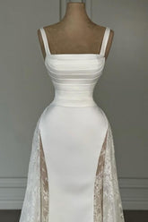 Elegant White Spaghetti Strap A-Line Sleeveless Satin Lace Floor-Length Simple Evening Dresses